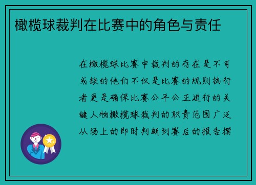 橄榄球裁判在比赛中的角色与责任