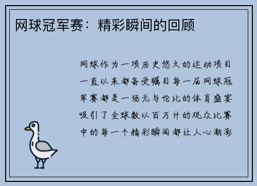 网球冠军赛：精彩瞬间的回顾