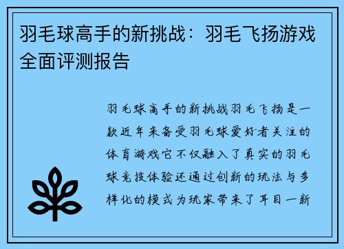 羽毛球高手的新挑战：羽毛飞扬游戏全面评测报告